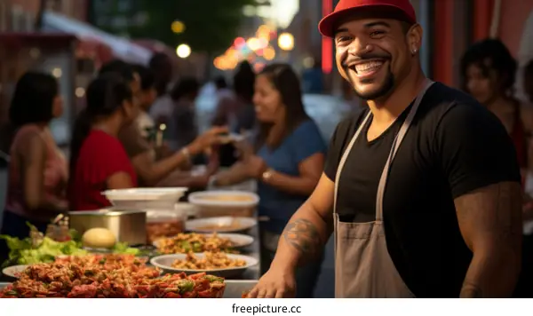 Smiling chef in front of food stand with blurred background of people