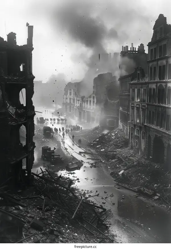 The aftermath of a German air raid on London during the Blitz, 1940.