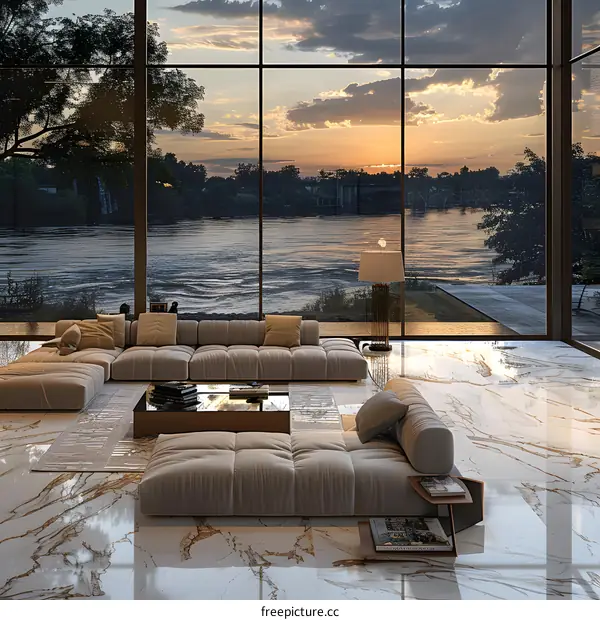 Modern Living Room with River View at Sunset