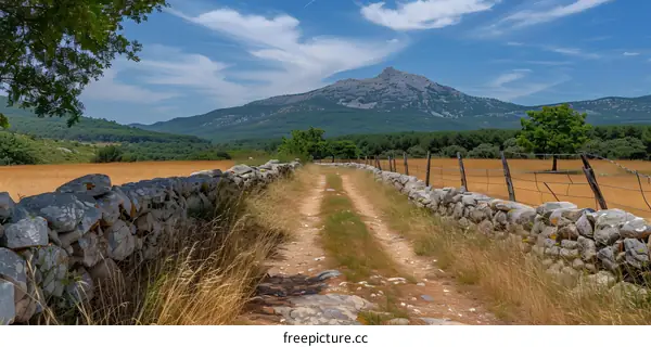 A dirt road through a rural field with a large mountain in the distance