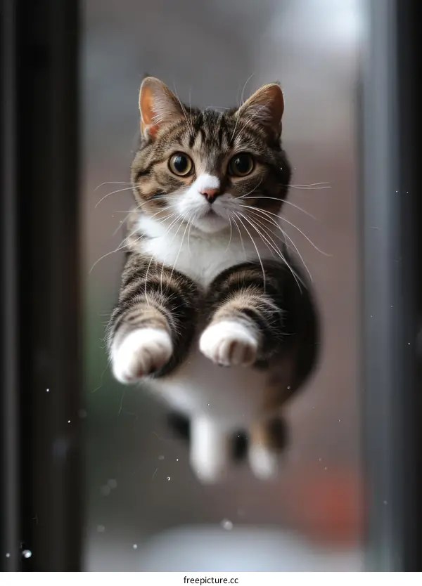 A cute cat is jumping in the air