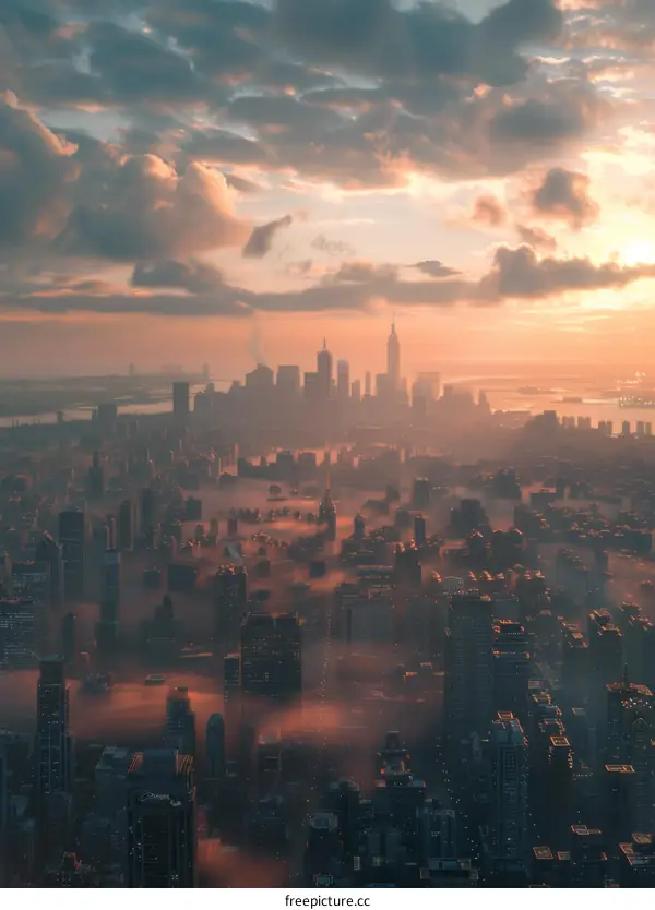 Sunrise over a Misty Cityscape