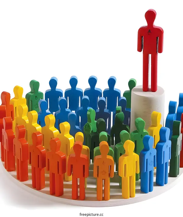Colorful Wooden Figures Representing Hierarchy and Leadership