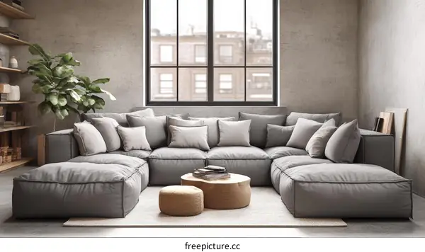 Modern Gray Sectional Sofa in a Loft-Style Living Room