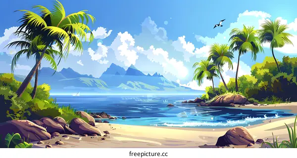 Tropical Beach Paradise with Palm Trees and Mountains