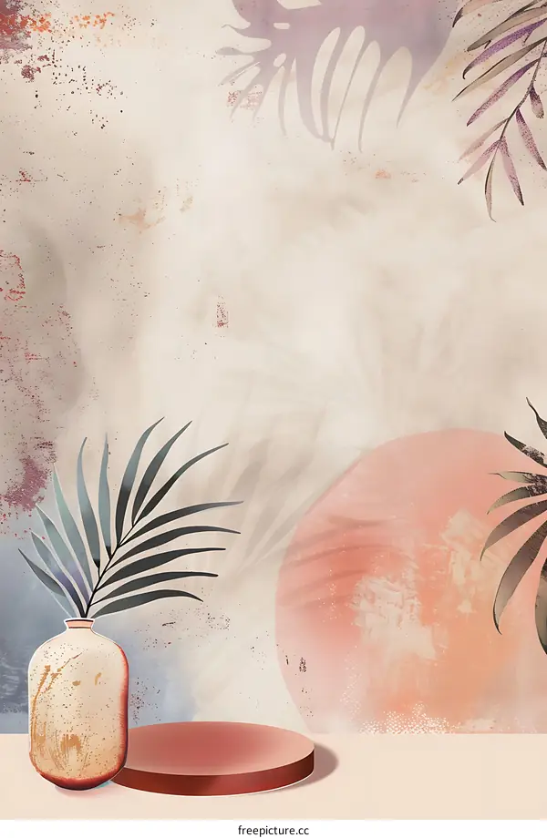 Abstract Minimalist Style Background with Tropical Leaves and a Platform