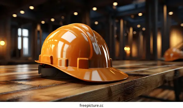 Orange Hard Hat on a Wooden Table