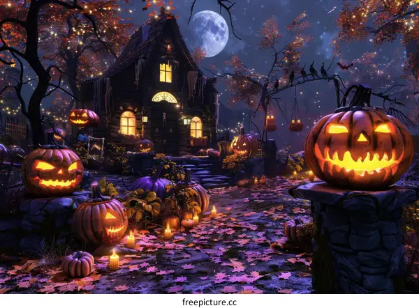 Haunted House and Scary Pumpkins on a Spooky Halloween Night