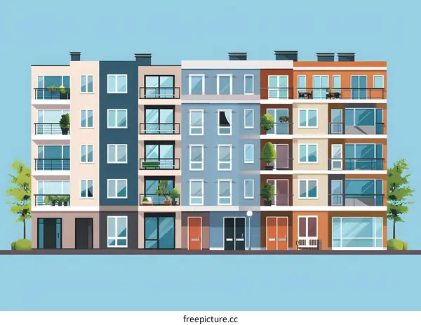 Modern Apartment Building Illustration with Balcony and Windows