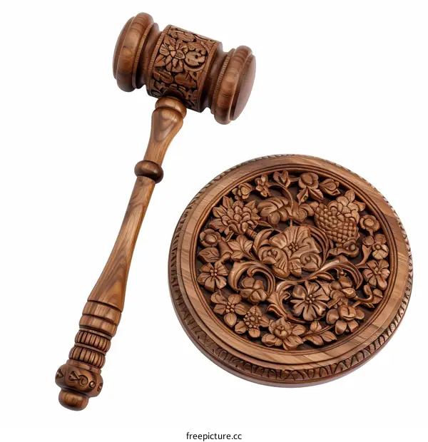 A wooden gavel and a wooden sounding block