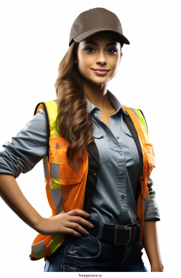 Portrait of a female construction worker wearing a hard hat and safety vest