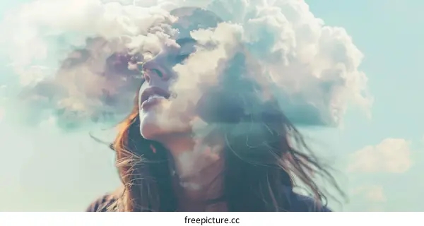 Portrait of a young dreamy woman with cloudscape double exposure
