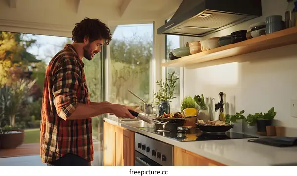 Man Cooking Meal In Modern Kitchen