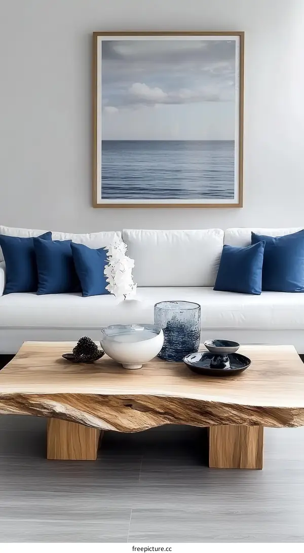 Coastal Living Room Decor with a Wooden Coffee Table
