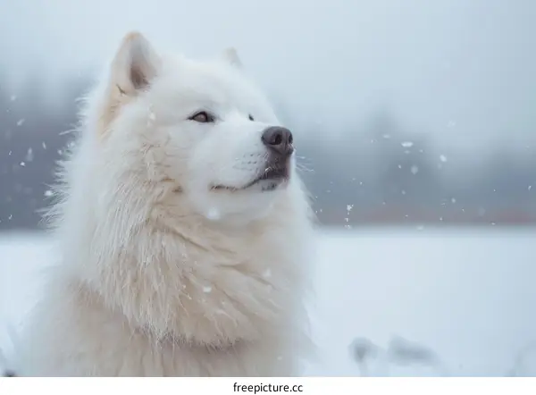 Samoyed Dog Gazing Up at Snowy Sky