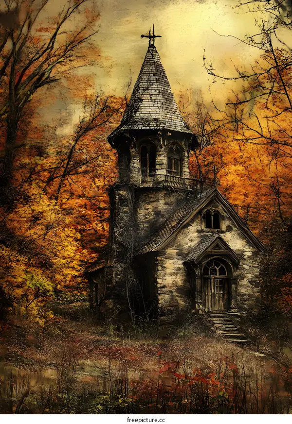 Stone Chapel in Autumn Forest