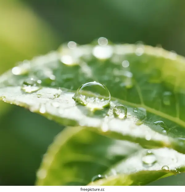 Dew Drops Adorning Fresh Green Leaf in Natural Environment