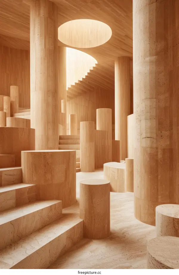 An Empty Staircase and Hallway with Wooden Columns