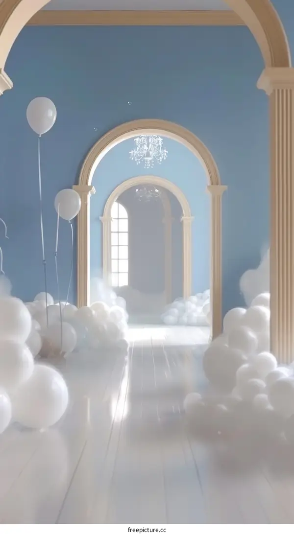 Surreal Hallway with White Balloons and Clouds