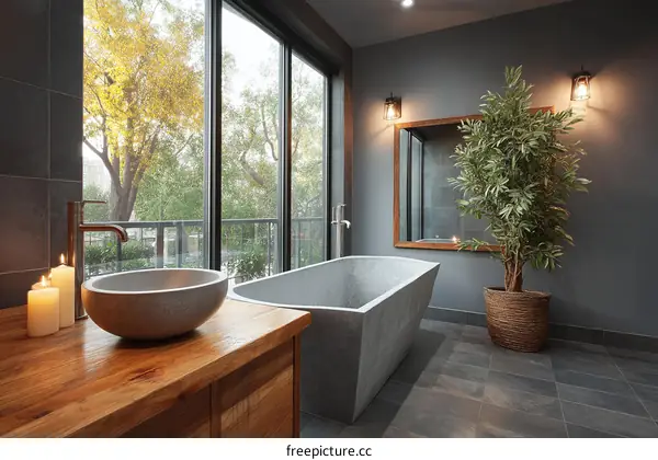 Modern Gray Stone Bathroom with Wooden Countertop