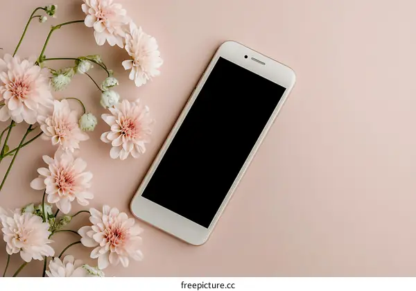 Pink Flowers and a White Smartphone on a Light Pink Background