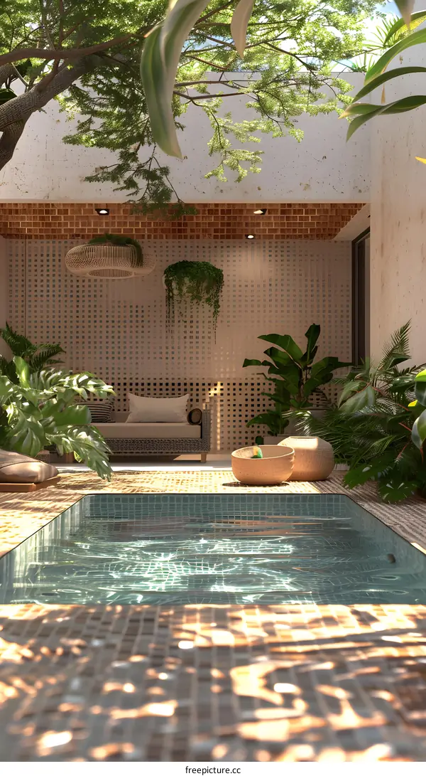 Courtyard with swimming pool and tropical plants
