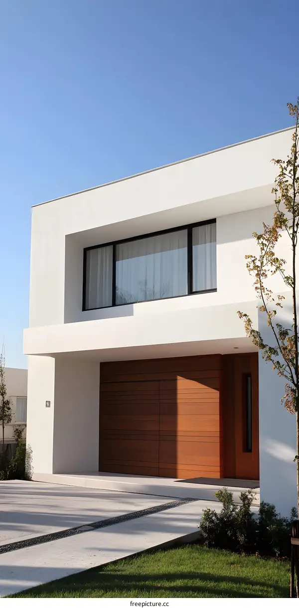 Modern Minimalist House with Wooden Garage Door and White Walls