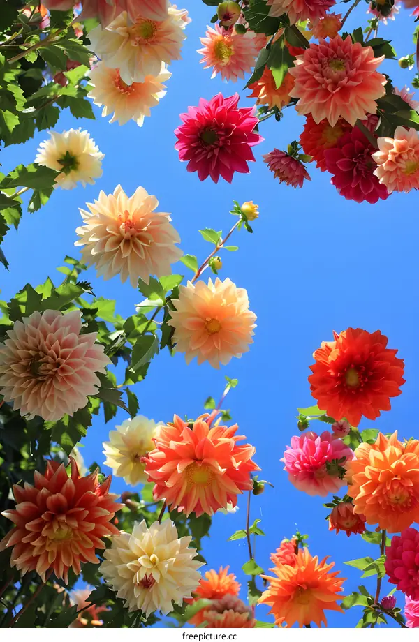Colorful Dahlia Flowers Blooming Against a Bright Blue Sky