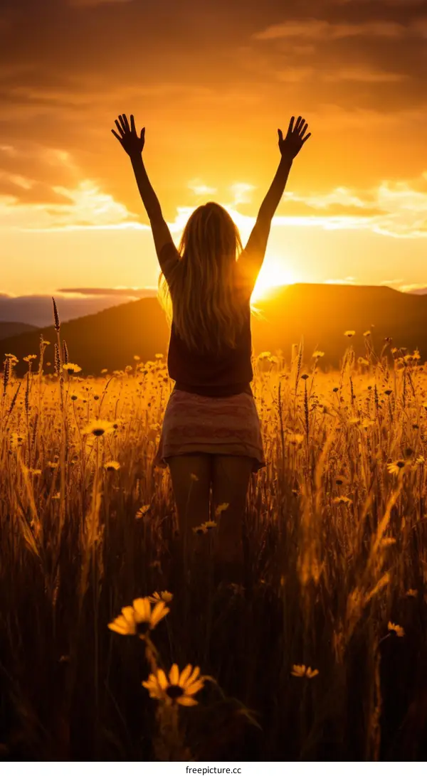 Young woman standing in a field of flowers with her arms raised in the air