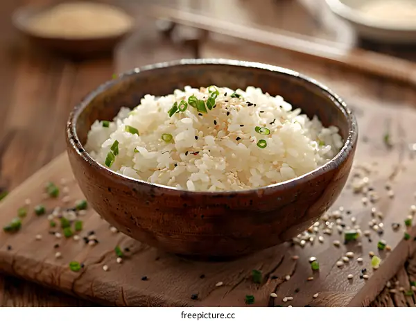 Bowl of White Rice with Sesame Seeds and Green Onions