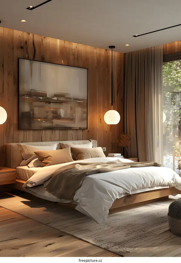 Wooden bed with painting on the headboard