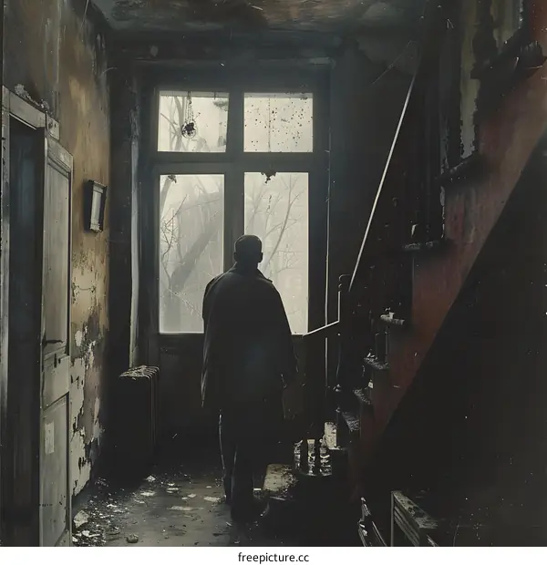 Man looking out the window of an abandoned building