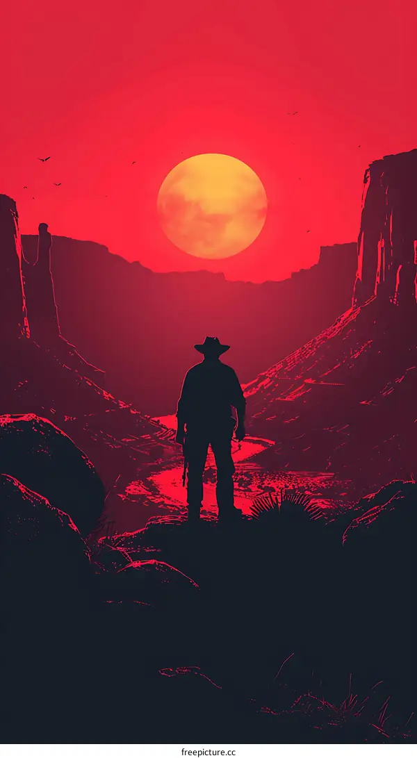 Cowboy Silhouette Under Red Sky With Big Sun