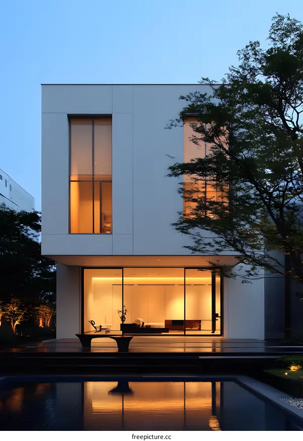 Modern House with Pool and Large Windows at Dusk