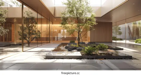 Courtyard with Trees and Water Feature