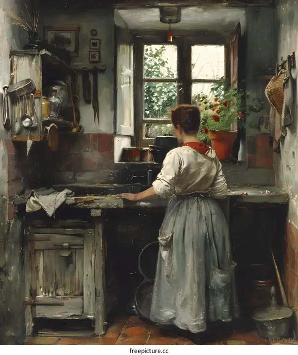 A woman standing in a kitchen looking out the window
