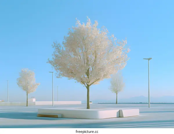 Minimalist Landscape with a Blooming Tree