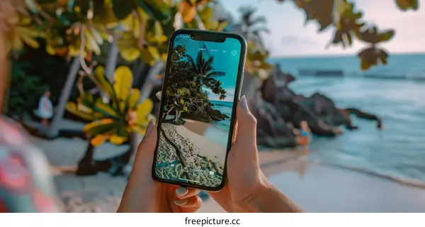 Woman Holding Phone Showing Tropical Beach