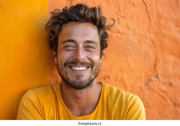 Smiling Man Against a Vibrant Orange Wall