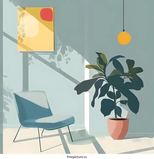 Modern Minimalist Illustration of a Living Room Interior with a Chair, a Plant, and a Light