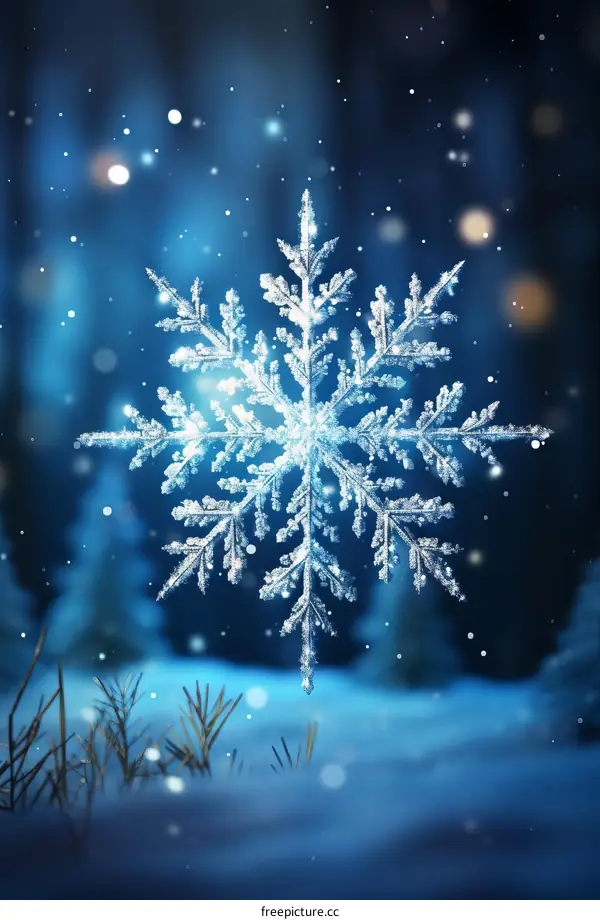 A beautiful snowflake with a glowing blue background