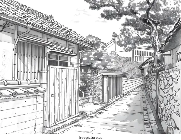 Black and White Illustration of a Narrow Street in Japan