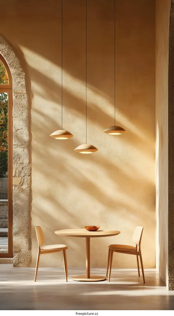 Simple Dining Room with Natural Wood Furniture and Pendant Lights