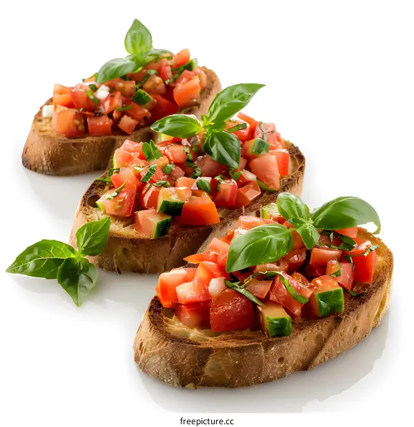 Three slices of bruschetta with fresh tomatoes, basil and cucumber