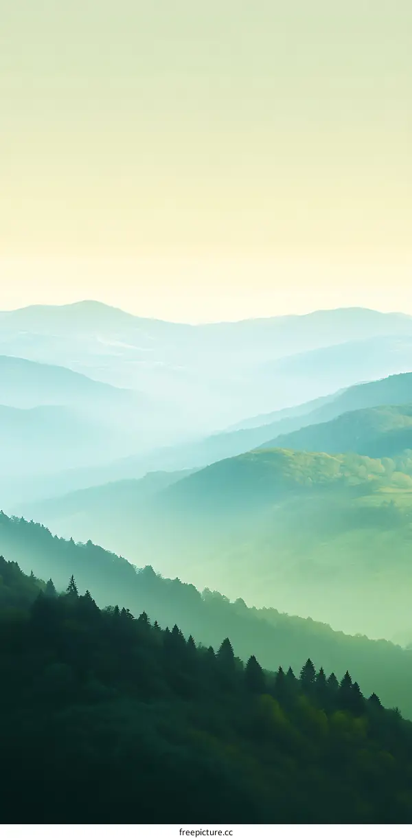 Layered Green Mountains with Fog