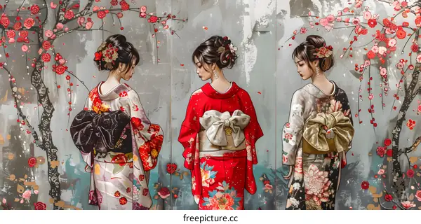 Three Japanese women in traditional kimono with cherry blossom background