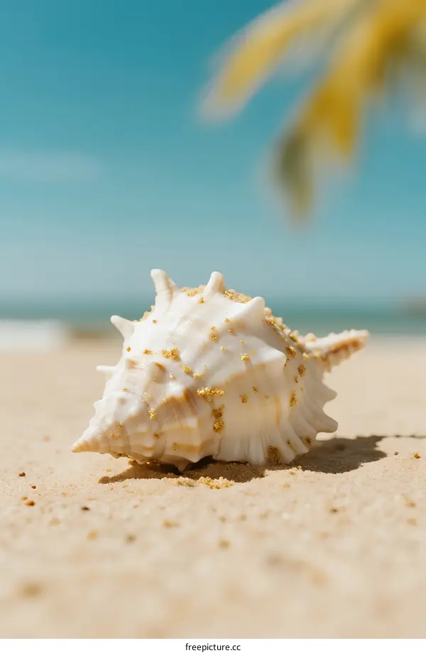 A White Spiky Seashell Resting on Warm Sandy Beach