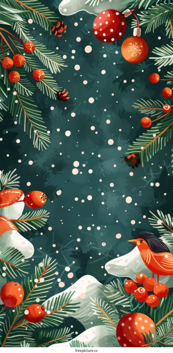 Snowy Forest with Cardinal and Christmas Decorations