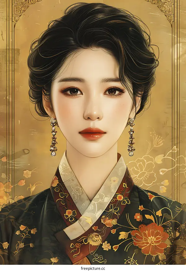 A digital painting of a young woman in a traditional Korean hanbok