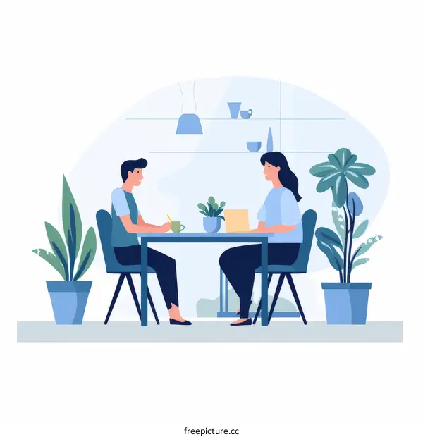 A man and a woman are sitting at a table and talking